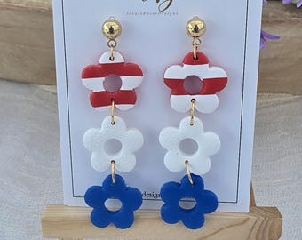 Patriotic Daisy Earrings | Red White Blue Flower Dangles | Handmade Polymer Clay Holiday Style