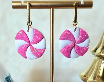 Glitter Peppermint Christmas Earrings • Polymer Clay Holiday Jewelry • 18k Gold Plated Dangle Earrings • Festive Candy Earrings Gift