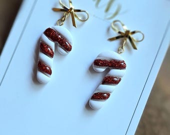 Polymer Clay Candy Cane Earrings with Red Glitter | 18K Gold Bow Stud Christmas Earrings | Handmade Holiday Jewelry Gift for Her