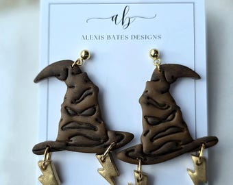 Sorting Hat Earrings | Polymer Clay, Gold Lightning Bolt Charm
