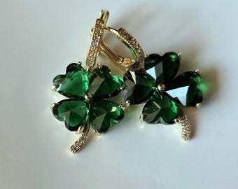 St. Patrick's Day Clover Earrings, 18K Gold Huggie Hoops, Green Zirconia Shamrock