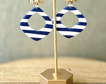 Nautical Navy Stripe Earrings | Hammered Gold Stud Earrings | Handmade Polymer Clay Coastal Jewelry