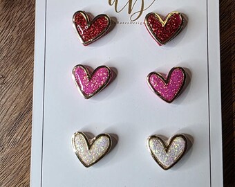 Glitter Heart Stud Earrings Set – Polymer Clay, Hypoallergenic Stainless Steel