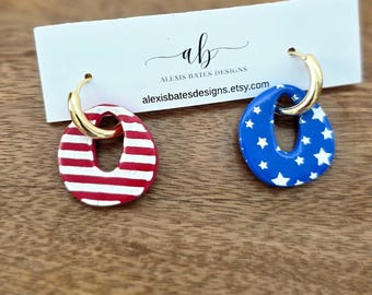 Mismatched Patriotic Flag Earrings | Red White Blue Polymer Clay Statement Hoops