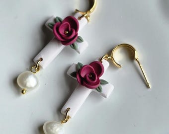 White Cross Earrings with Red Flower and Pearl | Polymer Clay Faith Jewelry