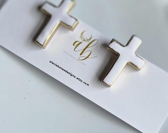 White Cross Stud Earrings | Gold Edge Polymer Clay | Minimalist Faith Jewelry