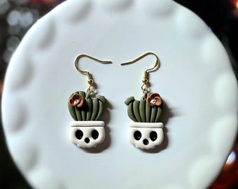 Handmade Polymer Clay Skull Planter Earrings, Cactus Goth Halloween Jewelry