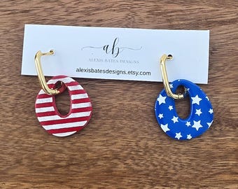 Mismatched Patriotic Earrings | Red White Blue Stars Stripes Polymer Clay Hoops