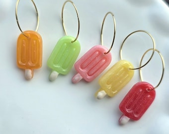Handmade Translucent Polymer Clay Popsicle Hoop Earrings | Gold Plated Summer Beach Jewelry