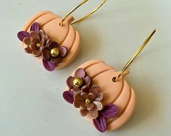 Handmade Fall Pumpkin Earrings, Floral Polymer Clay, Gold Hoops