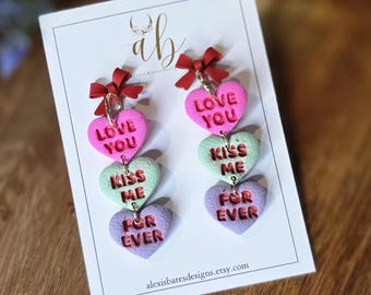 Candy Heart Dangle Earrings - Polymer Clay Sweetheart Jewelry