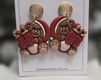 Polymer Clay Christmas Teddy Bear Earrings | Cute Bear Holding Present | Handmade Holiday Earrings | Gold Hammered Dangle Jewelry Gift