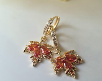 18K Gold Maple Leaf Earrings: Cubic Zirconia Huggie Hoops