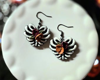 Handmade Polymer Clay Ribcage Earrings, Gothic Halloween Jewelry, Flower Detail