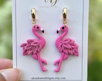Pink Flamingo Polymer Clay Earrings | Glitter Feather Dangle Tropical Jewelry