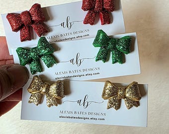 Handmade Christmas Stud Earrings Set Glitter Bows | Glitter Ribbon Earrings