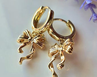 Gold Bow Dangle Huggie Earrings | 18k Plated Hoops