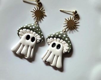 Handmade Polymer Clay Mushroom Ghost Earrings, Cottagecore Halloween Jewelry