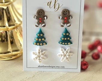Polymer Clay Christmas Stud Earring Set | Snowflake, Gingerbread, Tree