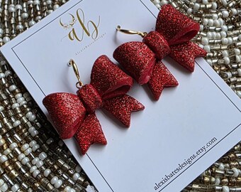 Red Glitter Bow Earrings • Polymer Clay Dangles, 18K Gold Plated