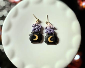 Handmade Polymer Clay Witch Cauldron Earrings, Purple Smoke, Gold Moon (1.5 inch)