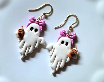 Handmade Polymer Clay Ghost Earrings, Spooky Halloween Jewelry, 18k Gold Plated Charms