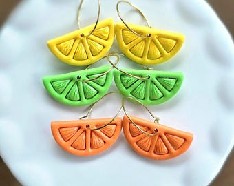 Lemon Lime Orange Slice Hoop Earrings | Polymer Clay Fruit Summer Jewelry