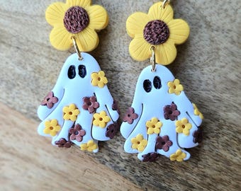 Floral Ghost Earrings: Handmade Polymer Clay, Sunflower Accent