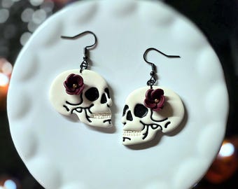 Handmade Polymer Clay Skull Flower Earrings, Gothic Burgundy Halloween Jewelry