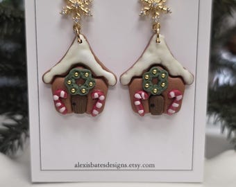 Polymer Clay Gingerbread House Earrings | Handmade Christmas Earrings with Mini Wreath & Candy Canes | Festive Holiday Jewelry Gift for Her