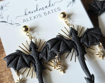 Handmade Black Dragon Earrings | 18k Gold Starburst, Fantasy Jewelry