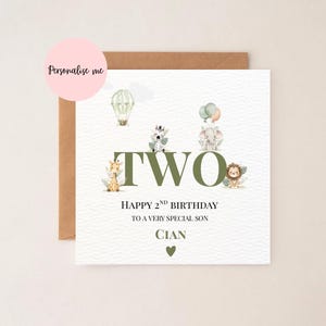PERSONALISED safari birthday card, 2nd birthday, children’s personalised birthday cards, boys second birthday, personalised message inside