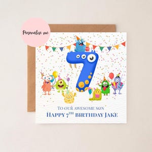 Biglietto di auguri personalizzato per il 7° compleanno, tema mostri, biglietti di auguri per bambini, figlio, nipote, fratello, 7° compleanno per ragazzi, messaggio personalizzato