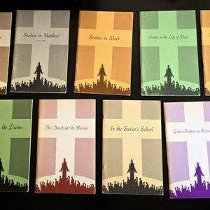 May include: A collection of ten books with colorful covers. Each book features a silhouette of a person and a crowd, with titles such as "Studies in Matthew" and "Great Chapters on Redemption". The covers are in various colors.
