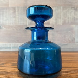 Vintage Rainbow Art Glass Hand Blown Cobalt Blue Decanter.