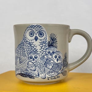 May include: A beige ceramic mug featuring a blue and white illustration of a family of owls. The design includes an adult owl and three owlets, with pine branches. The mug has a curved handle and the artist's signature.