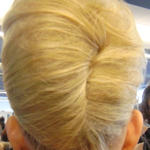 May include: Close-up of a blonde hairstyle, likely a bun or updo, viewed from the back. The hair is styled with a central parting and a smooth, polished finish. The color is a warm, light blonde.