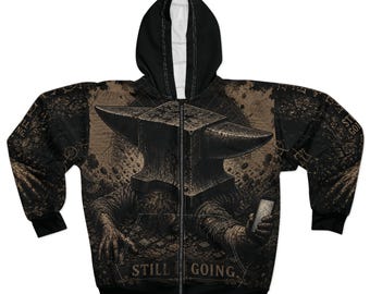 Felpa Still Going Anvil, felpa con zip dark streetwear, giacca gotica AOP con stampa integrale, felpa con grafica forza mentale, abbigliamento alternativo edgy