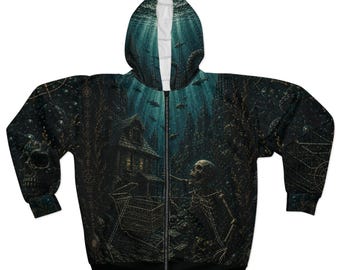 Dark Ocean Octopus Zip Hoodie Gothic Underwater Streetwear Jacket, AOP Full Print Hoodie, Moody Sea Monster Apparel