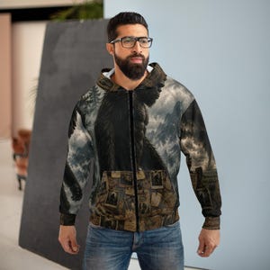 Bigfoot Zip-Up Hoodie | Sasquatch UFO Cryptid All-Over Print Jacket | Forest Mystery Wearable Art
