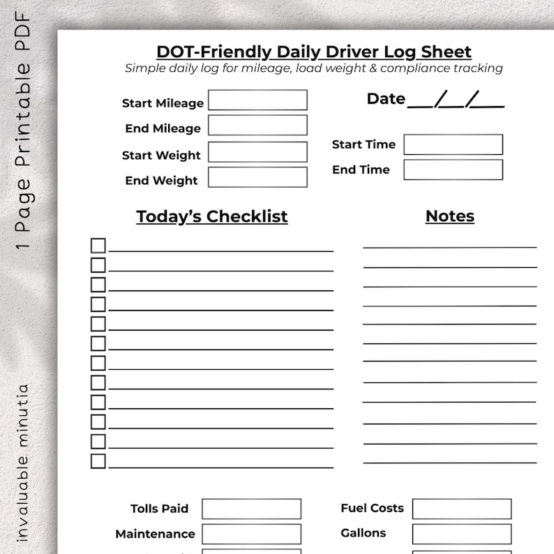 DOT Daily Driver Log Sheet | Mileage & Load Tracker (instant Download ...