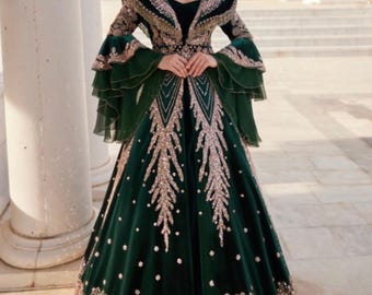 Rüya Full Beaded Kaftan – Elegant Single-Piece Green Burgundy Navy Black Kaftan