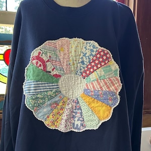 Vintage Quilt Appliqué on a Navy Sweatshirt - Handmade One-of-a-Kind (Size XXL)