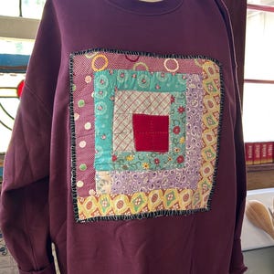 Vintage Quilt Log Cabin Square Appliqué on a Wine Sweatshirt– Handmade One-of-a-Kind (Size XL)