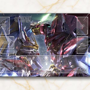 May include: A rectangular playmat featuring a dynamic illustration of two mecha robots in a battle scene. The playmat has designated zones for cards, including "Base," "Shields," "Texture Deck," "Deck," "Trash," and "Residue Area."
