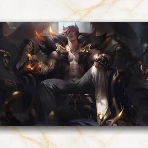 May include: A rectangular gaming mousepad with a fantasy illustration. A muscular figure with red hair and golden accents sits on a throne, flanked by a woman. The artwork has a dark, dramatic colour palette with gold and orange highlights.