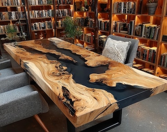Handmade Walnut Epoxy Resin Dining Table, Live Edge Rustic Wood