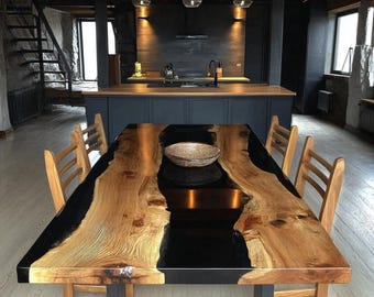 Handmade Live Edge Walnut Epoxy Dining Table, Custom Resin River Table