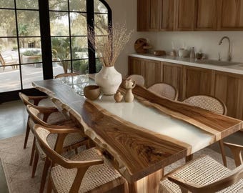 Handmade Live Edge Walnut Epoxy Dining Table, Custom Metal Legs