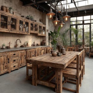 Peut inclure: Cuisine et salle à manger rustiques avec des meubles en bois, une grande table en bois et des chaises assorties. La pièce présente une palette de couleurs neutres, avec des plantes et des luminaires suspendus.